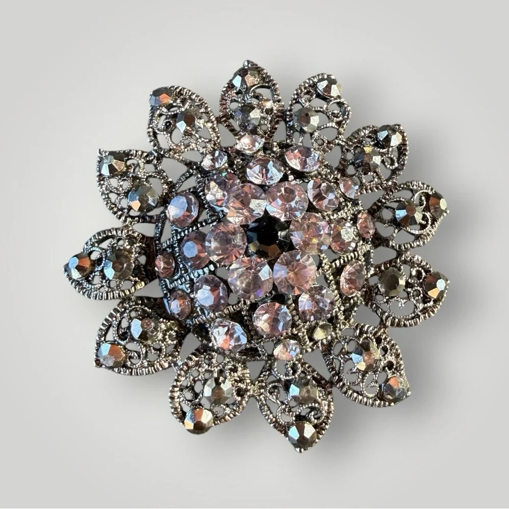 Vintage Large Rhinestone Brooch with Smoky Crystal Gunmetal Filigree